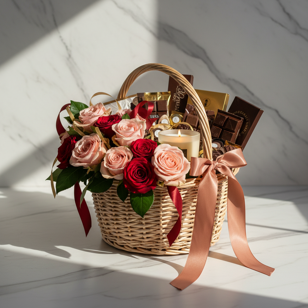 Wicker gift hamper filled with premium chocolates wine and flowers on white background bright light