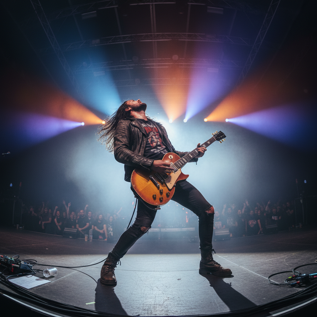 Color-graded frame of musician performing under dramatic stage lighting