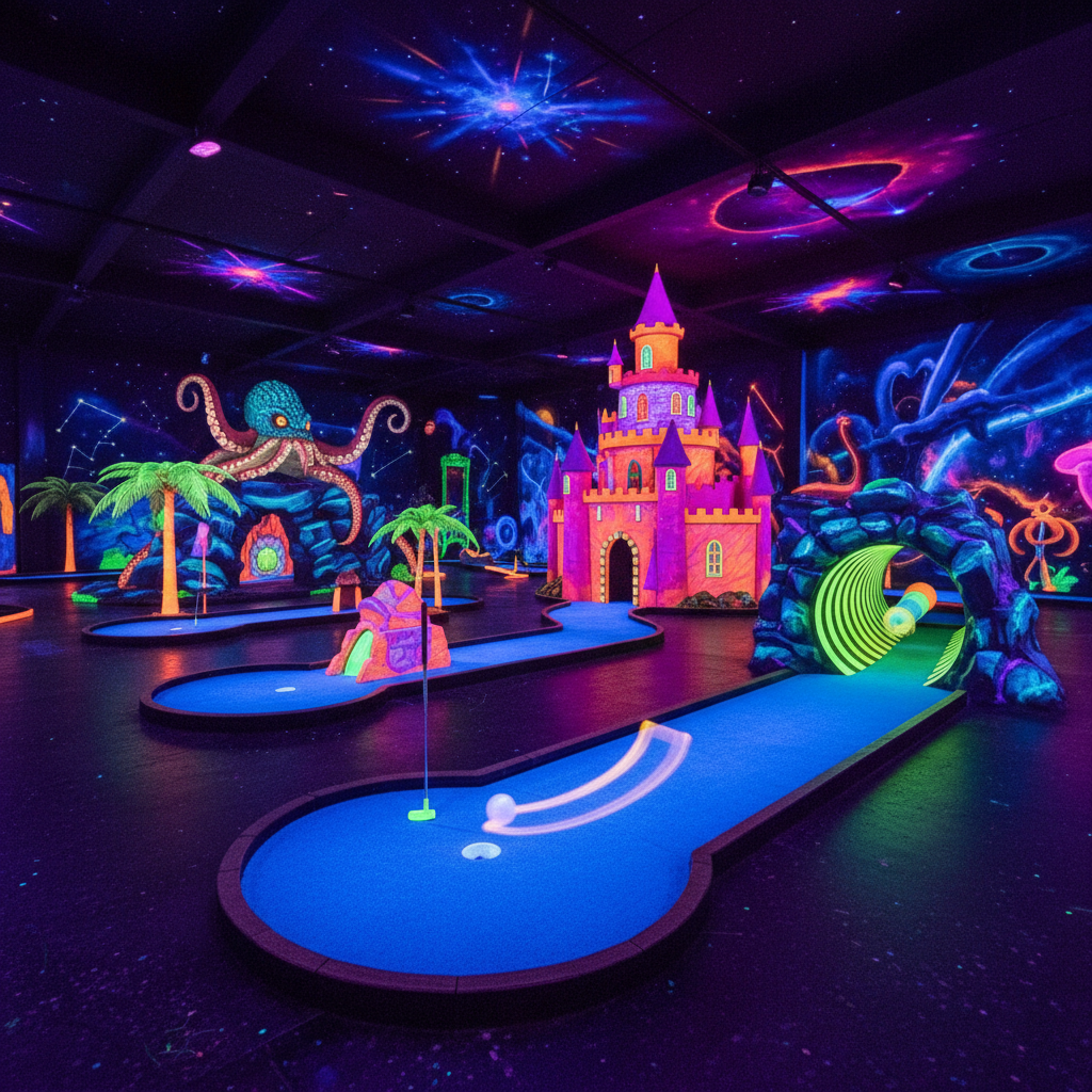 Wide shot of neon mini golf course glowing in ultraviolet blacklight with colorful obstacles