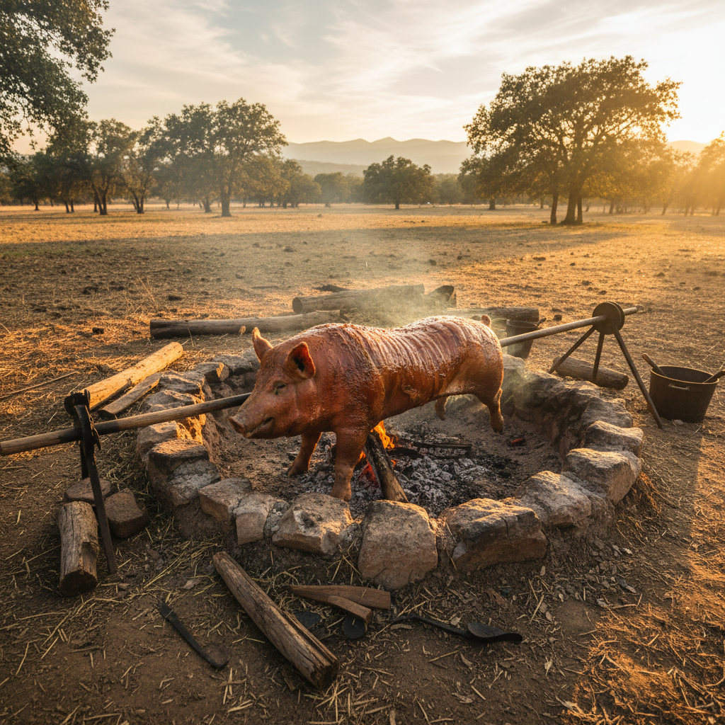 Whole hog turning slow over hand-dug fire pit at golden hour