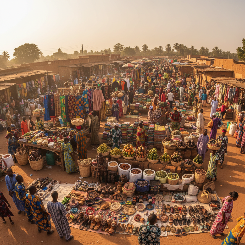 West African market scene, vibrant colors, community interaction