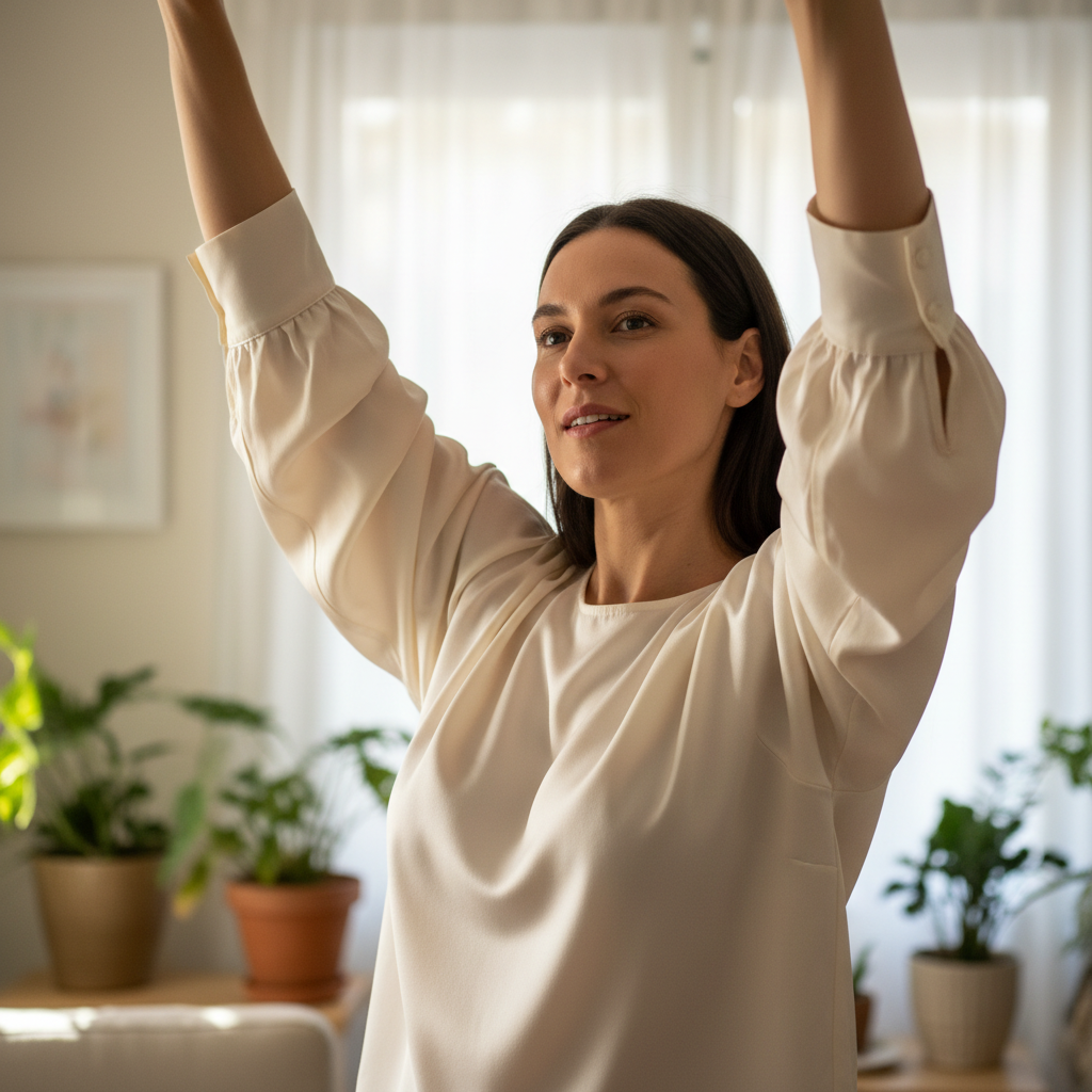 Woman in well-fitted blouse showing sleeve ease, arms raised, confident expression