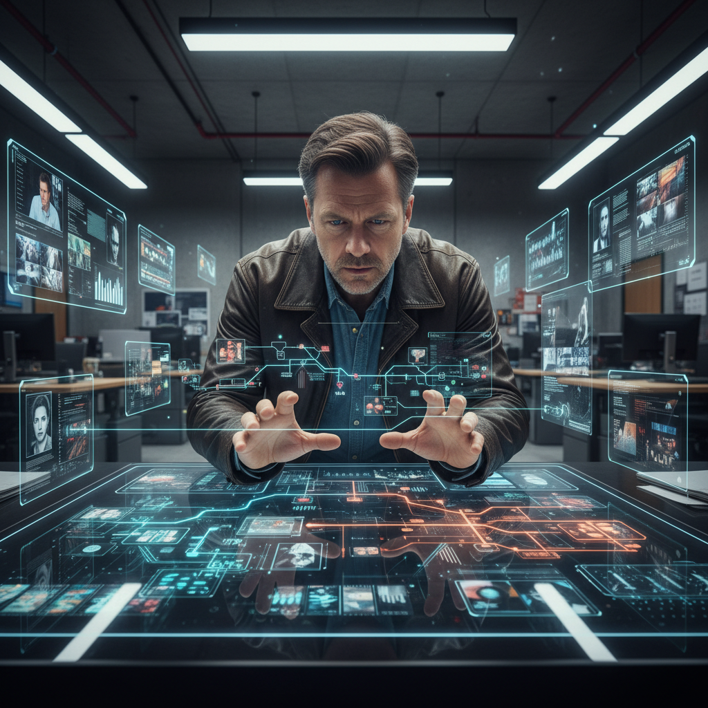 Person in red jacket working on futuristic tech interface in dark atmospheric environment