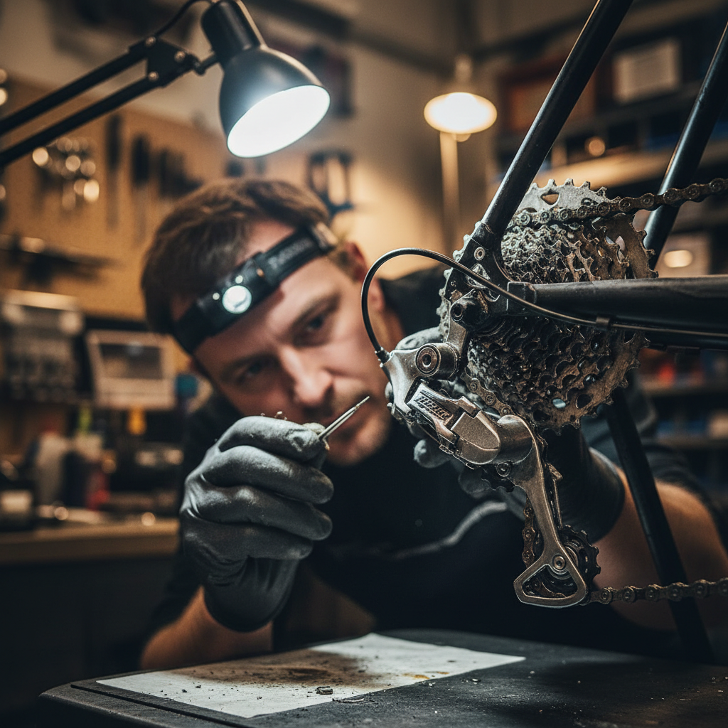Bicycle safety inspection being performed with mechanic checking all major components systematically