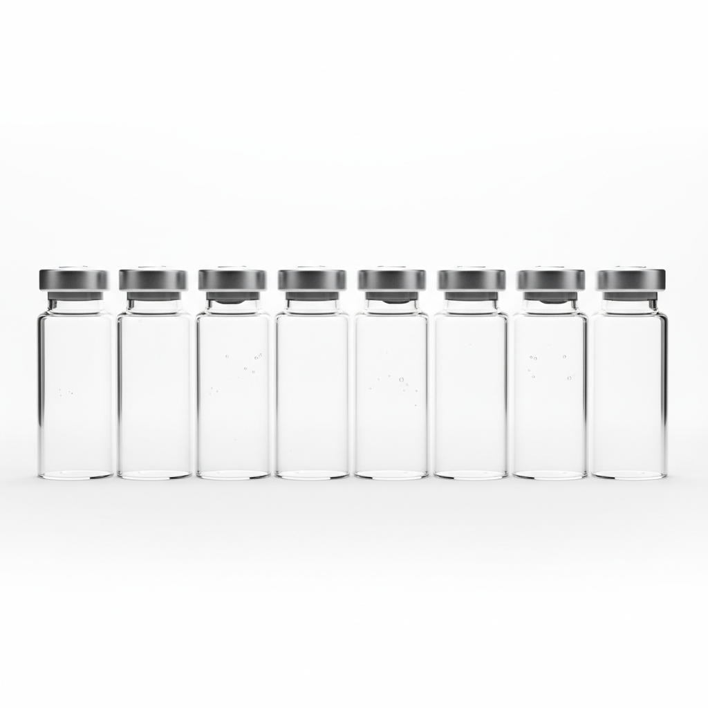 Clear borosilicate pharmaceutical vials in a row against a white background showing precision glass manufacturing