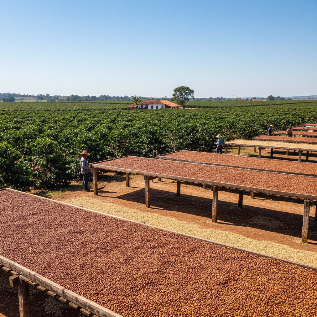 Brazilian coffee plantation with vast rows of coffee trees, bright sunny day, wide open agricultural landscape