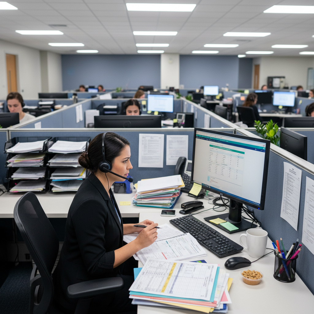 Healthcare scheduling specialist making patient reminder calls at a professional medical call center