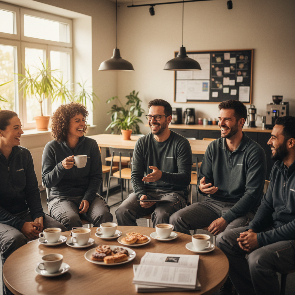 Two physicians laughing together over coffee during a break at a retreat, relaxed and candid