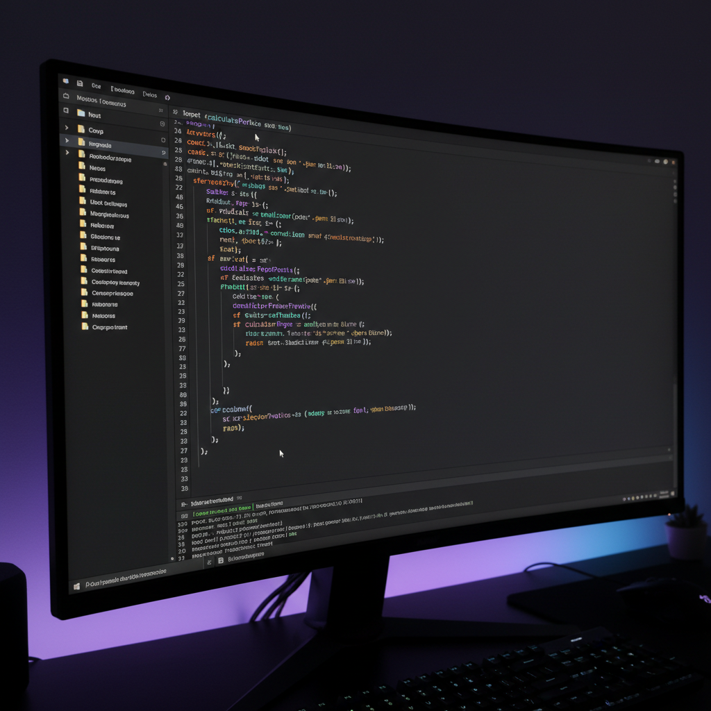 Code editor on dark screen showing clean TypeScript code, well-lit professional developer setup