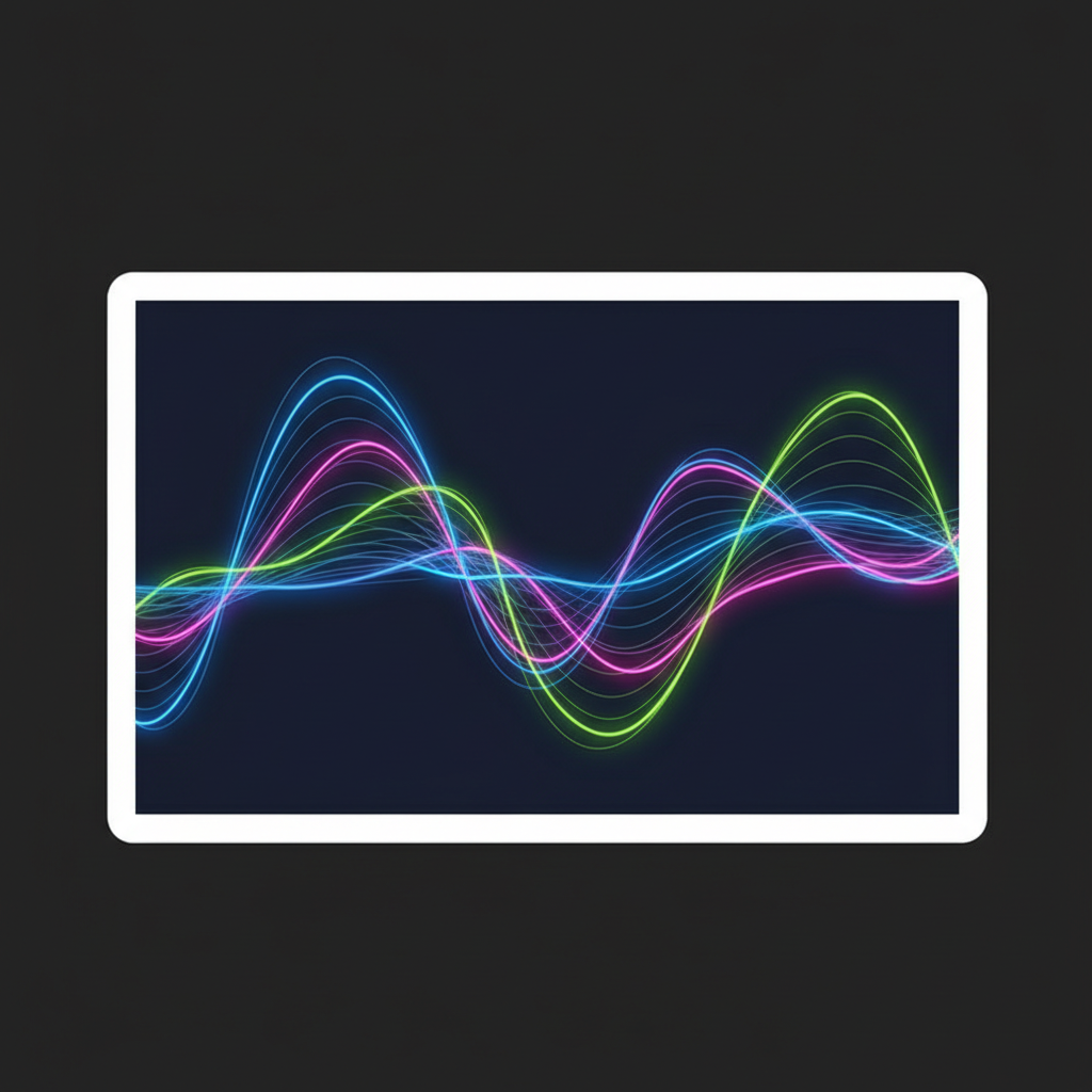 Abstract motion graphics with glowing particle trails on a dark background displayed on a monitor at a design studio