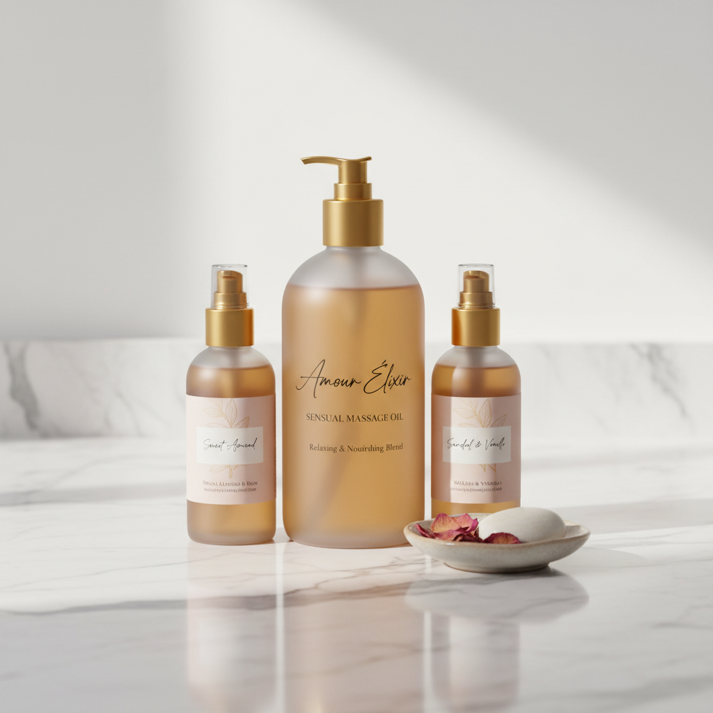 Rose-infused luxury skincare bottles with gold labels on dark marble