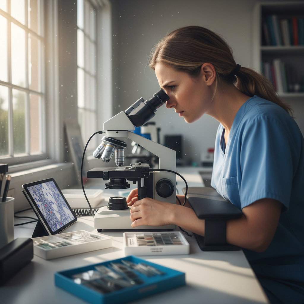 Medical laboratory technician in bright well-lit lab examining samples under clear lighting
