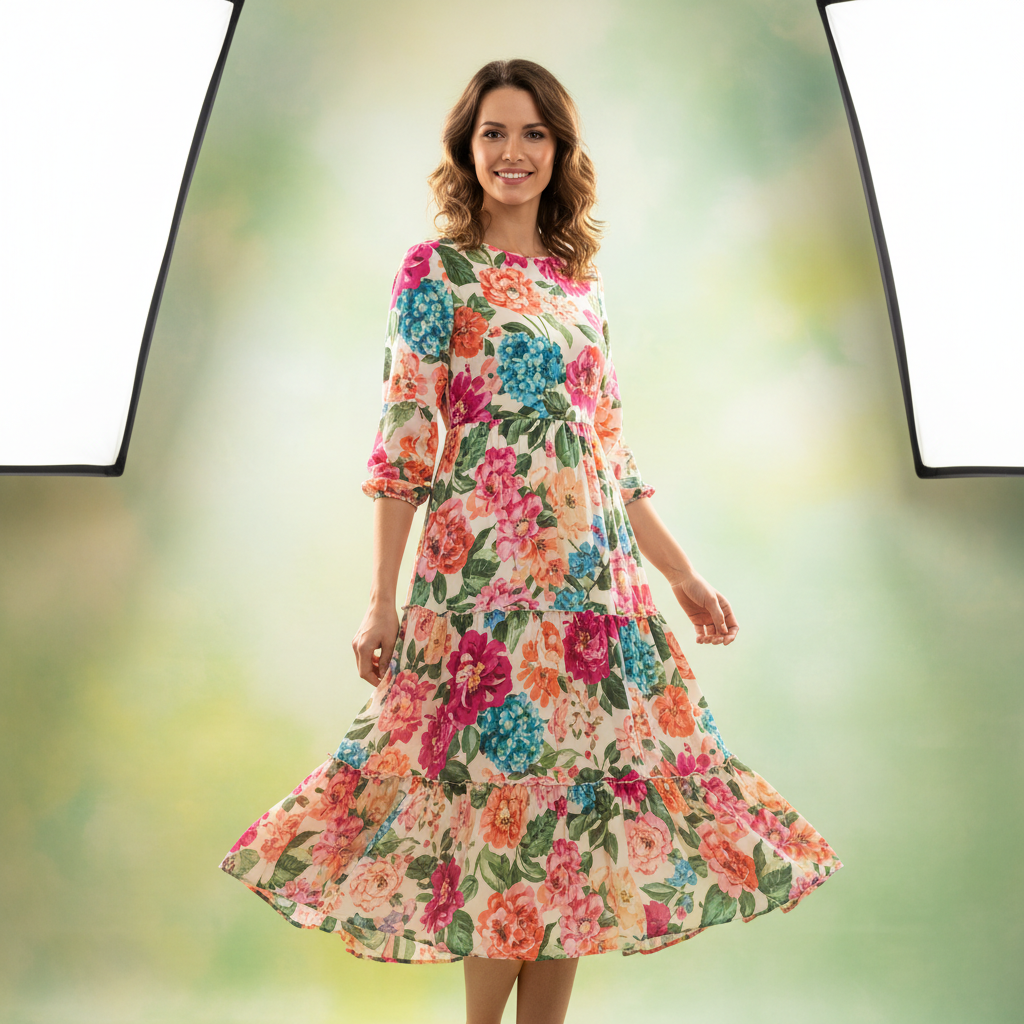 Model wearing floral wrap midi dress against white studio backdrop, bright natural lighting