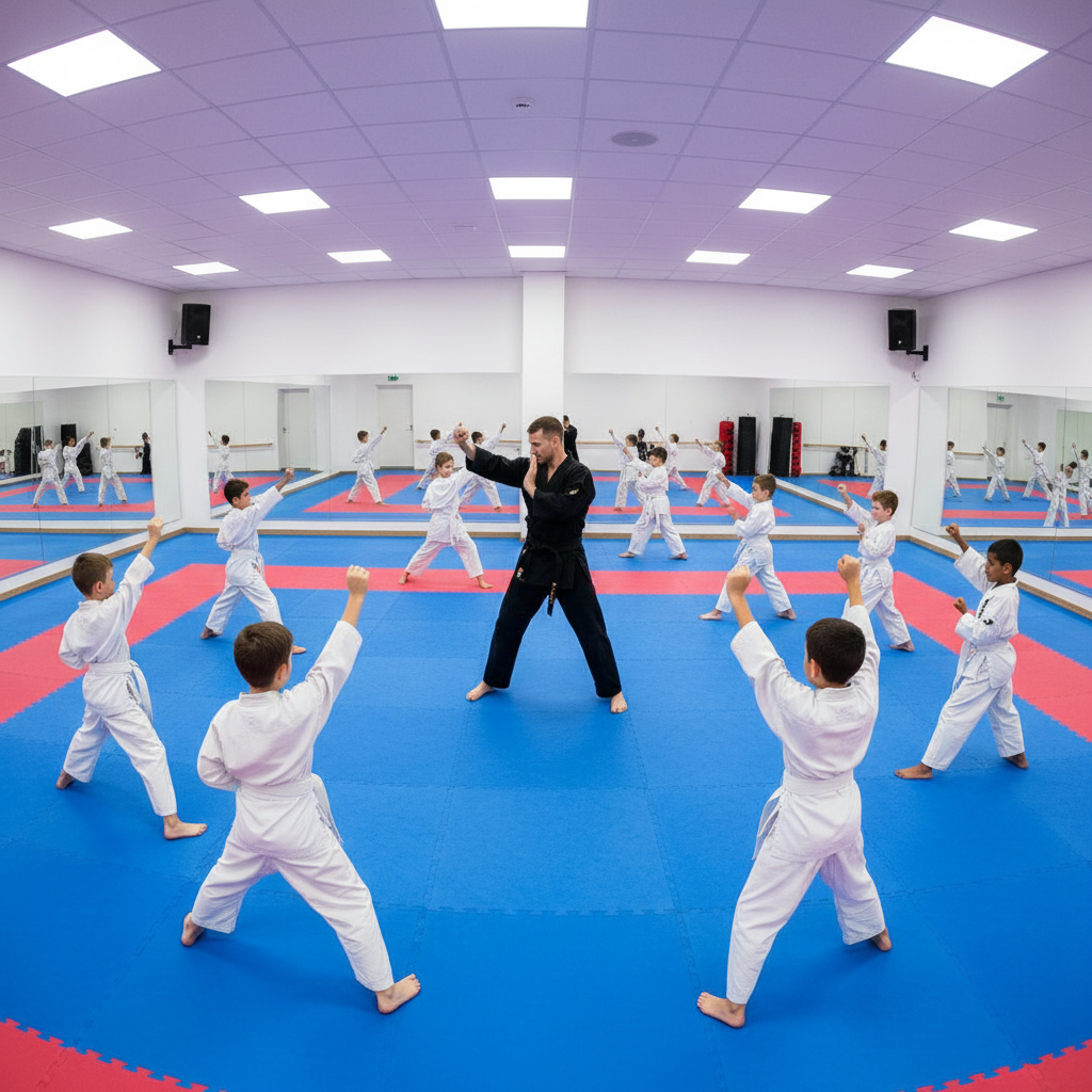 Children karate class in white uniforms, bright colorful dojo, smiling kids