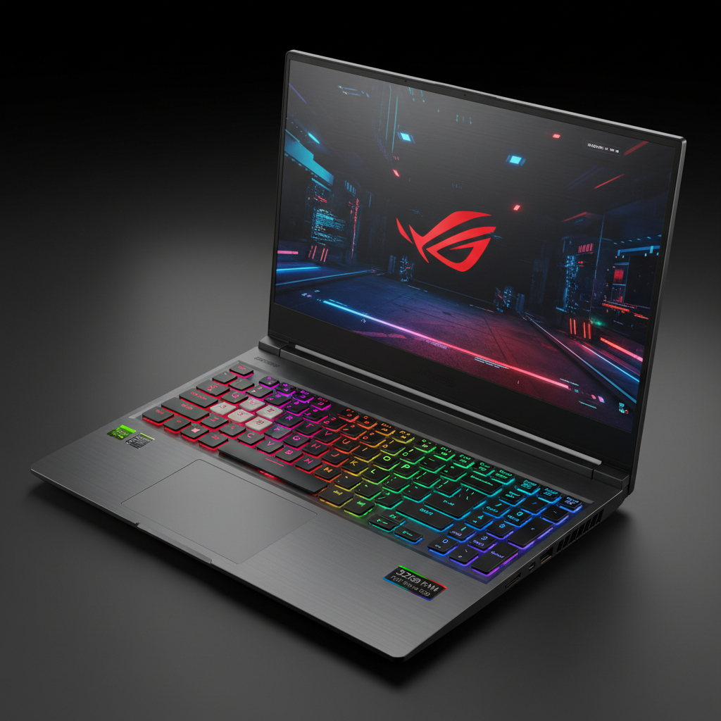 ASUS ROG gaming laptop open showing RGB keyboard and bright screen in dark room