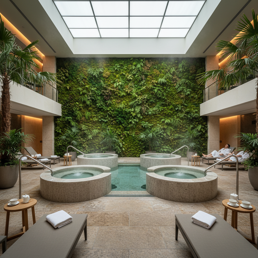 Elegant hotel spa pool with warm lighting, stone walls, misty atmosphere