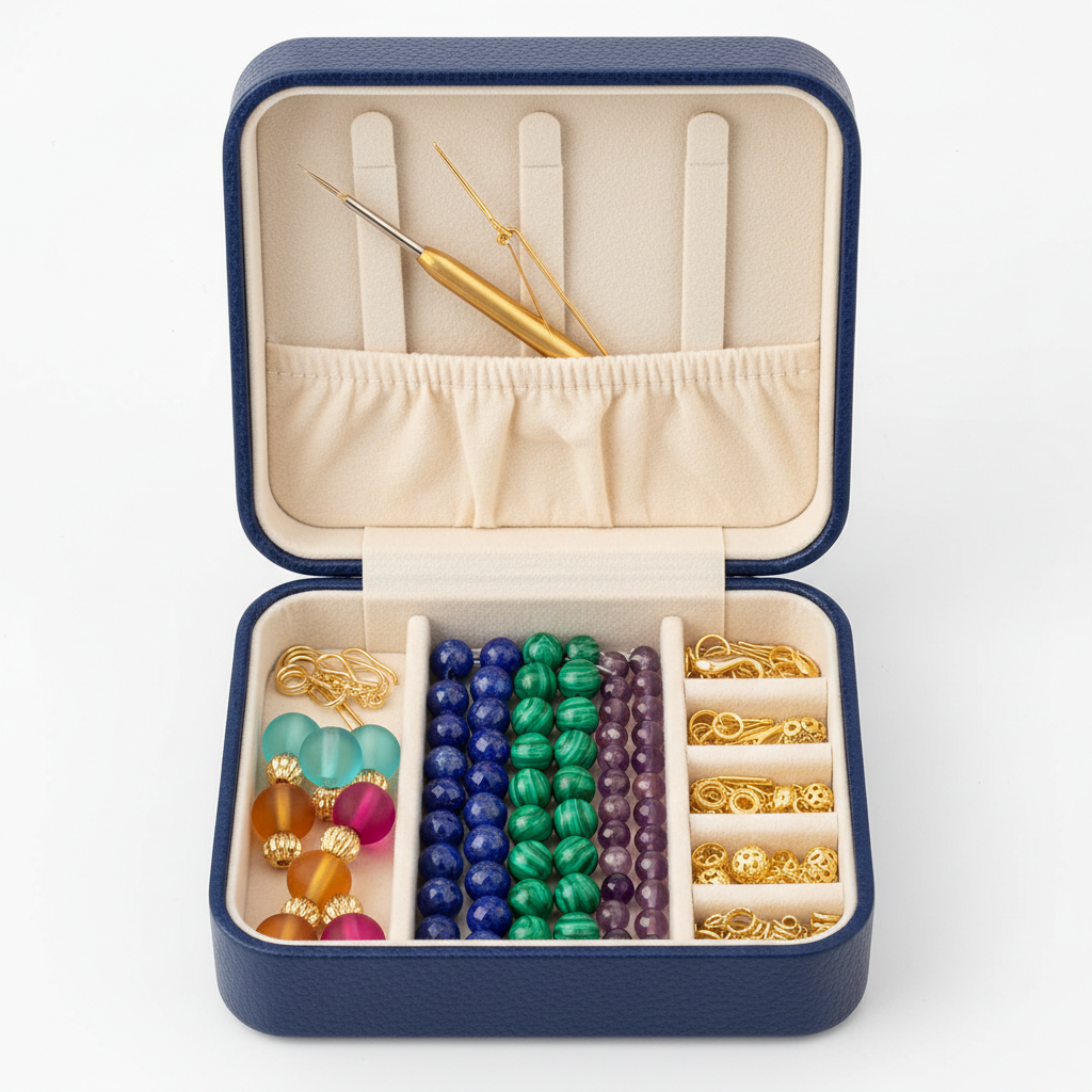 Studio Collection Box open showing coordinated gemstone strands, glass beads, and gold findings in tissue paper