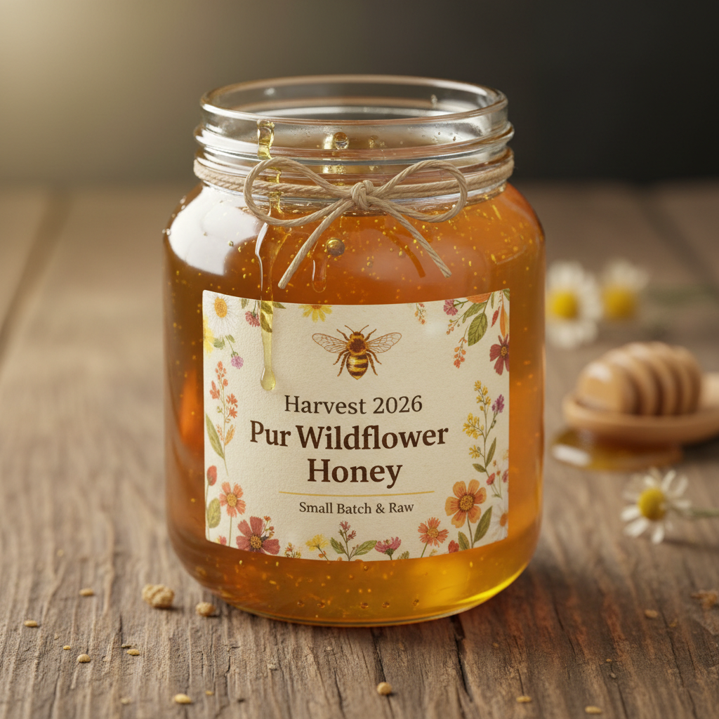 Golden raw honey in glass jar with honeycomb and wildflowers on rustic wooden table