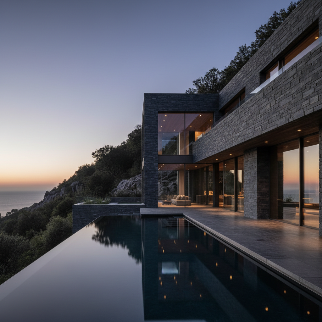 Modern luxury home exterior at night, deep shadows, dramatic architectural lighting