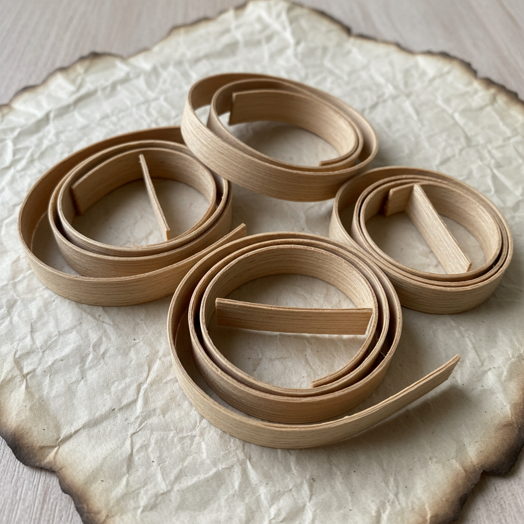 Flat oval reed strips in natural tan color coiled loosely on parchment