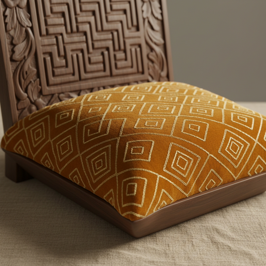 Hero backrest piece — carved walnut frame with saffron velvet cushion, close-up showing hand-stitching detail and geometric embroidery