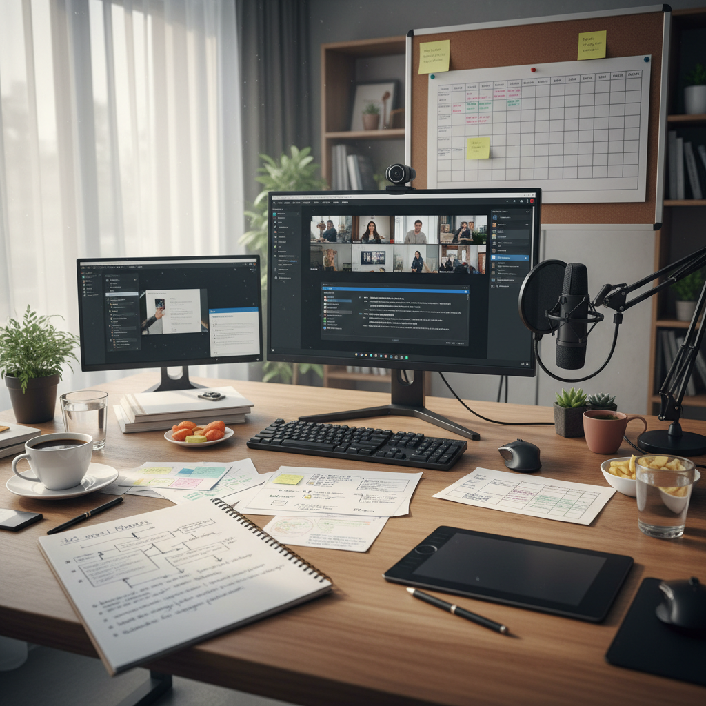 Webinar preparation workspace with handwritten notes, schedule, and computer setup for a professional online broadcast