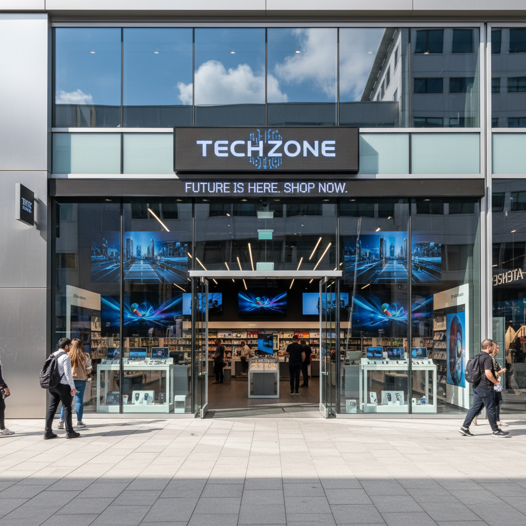 TechZone store exterior with electronics displayed in window
