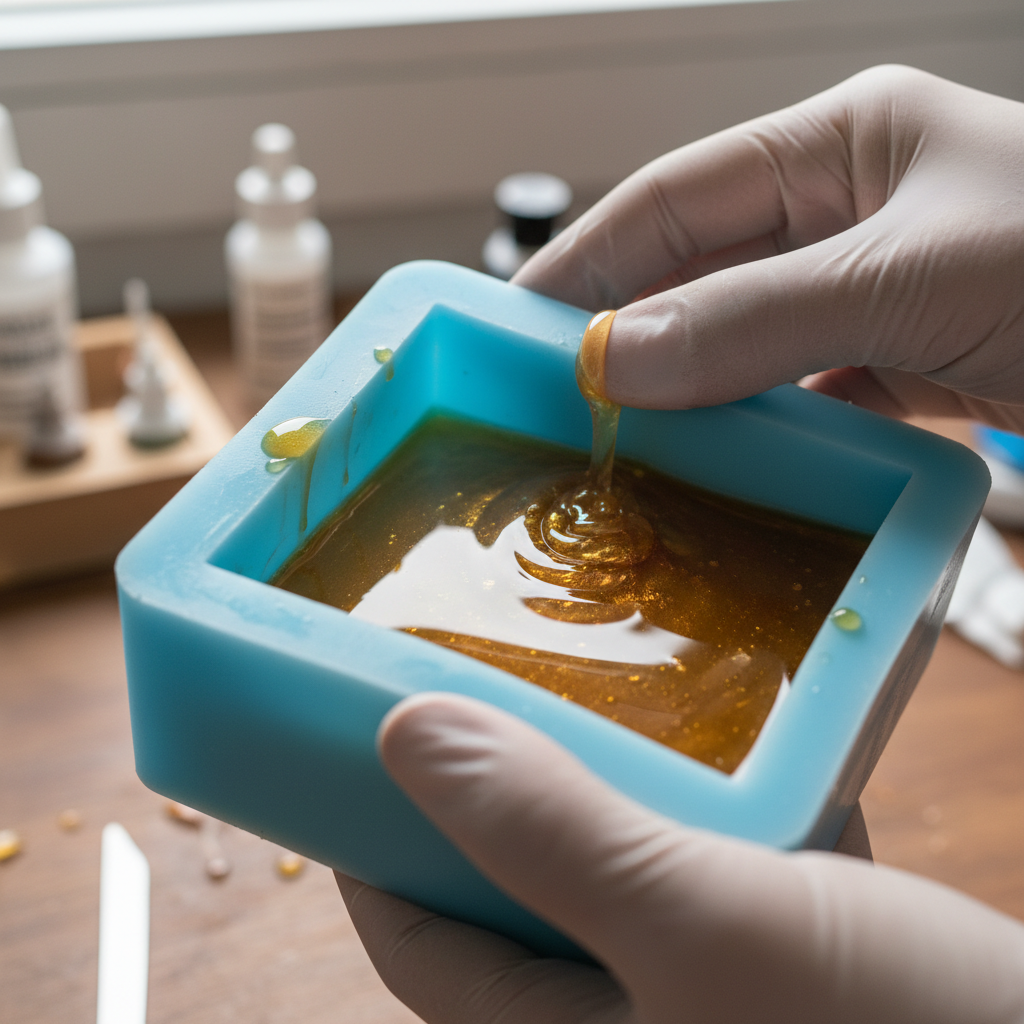 Amber resin being poured into circular mold, layers swirling