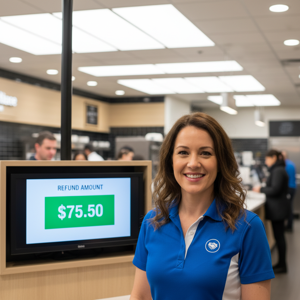 Woman smiling at camera inside franchise location, refund amount visible on monitor