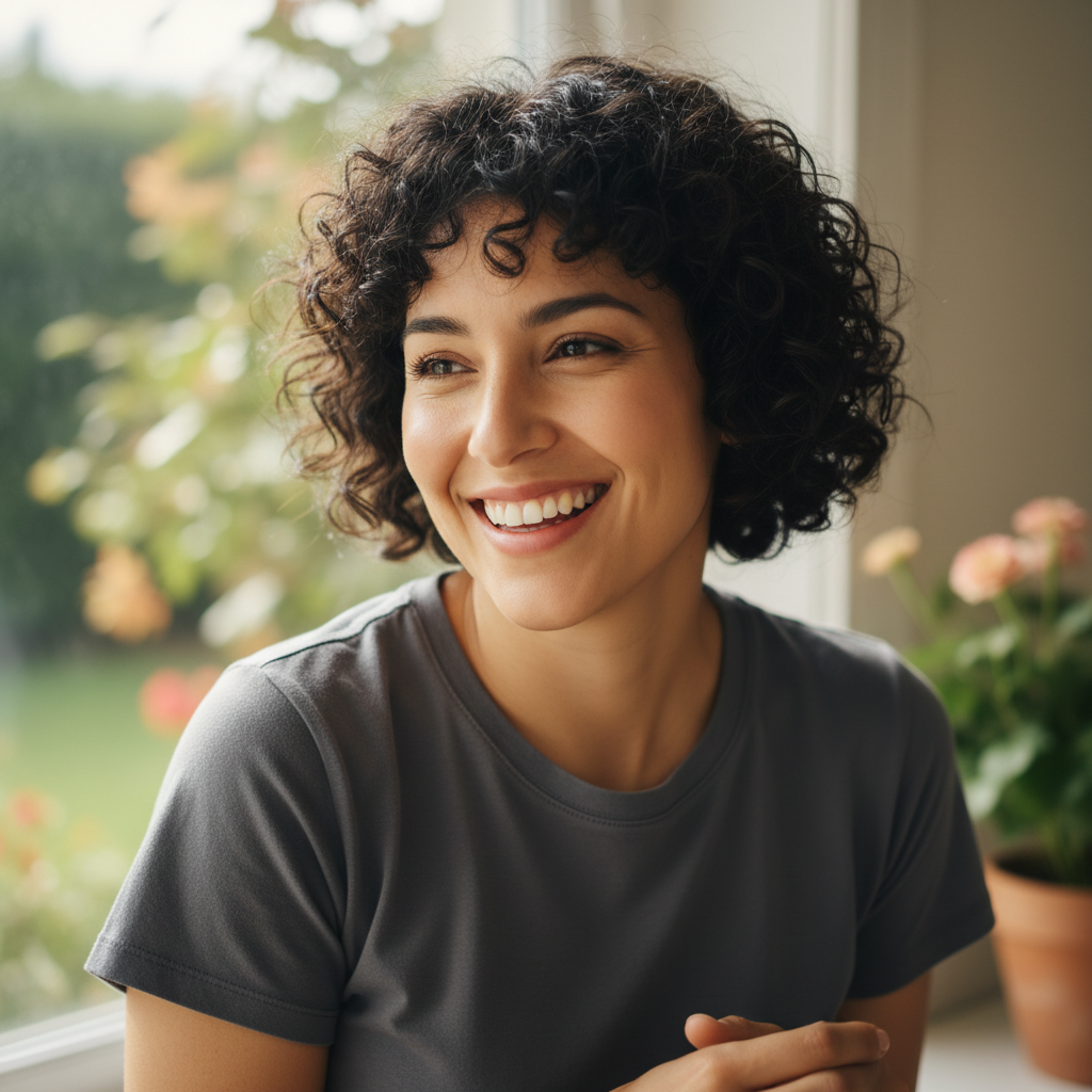 Young Cuban American woman in early twenties, bright smile, casual photo