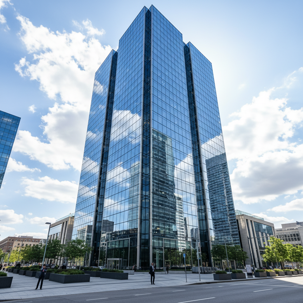 Modern glass office towers in Sandton financial district, bright sunlit day, clear blue sky, professional corporate environment
