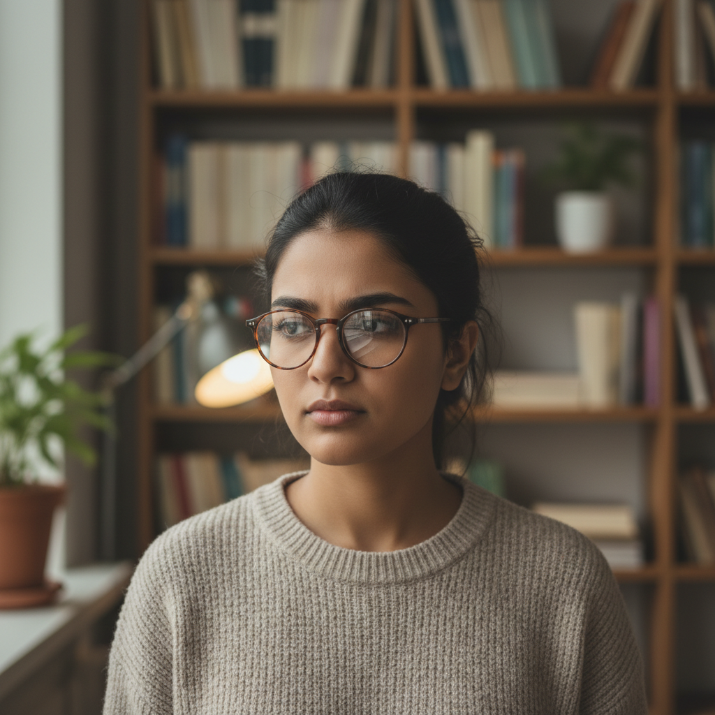Young Indian woman with glasses in library setting looking thoughtfully at camera