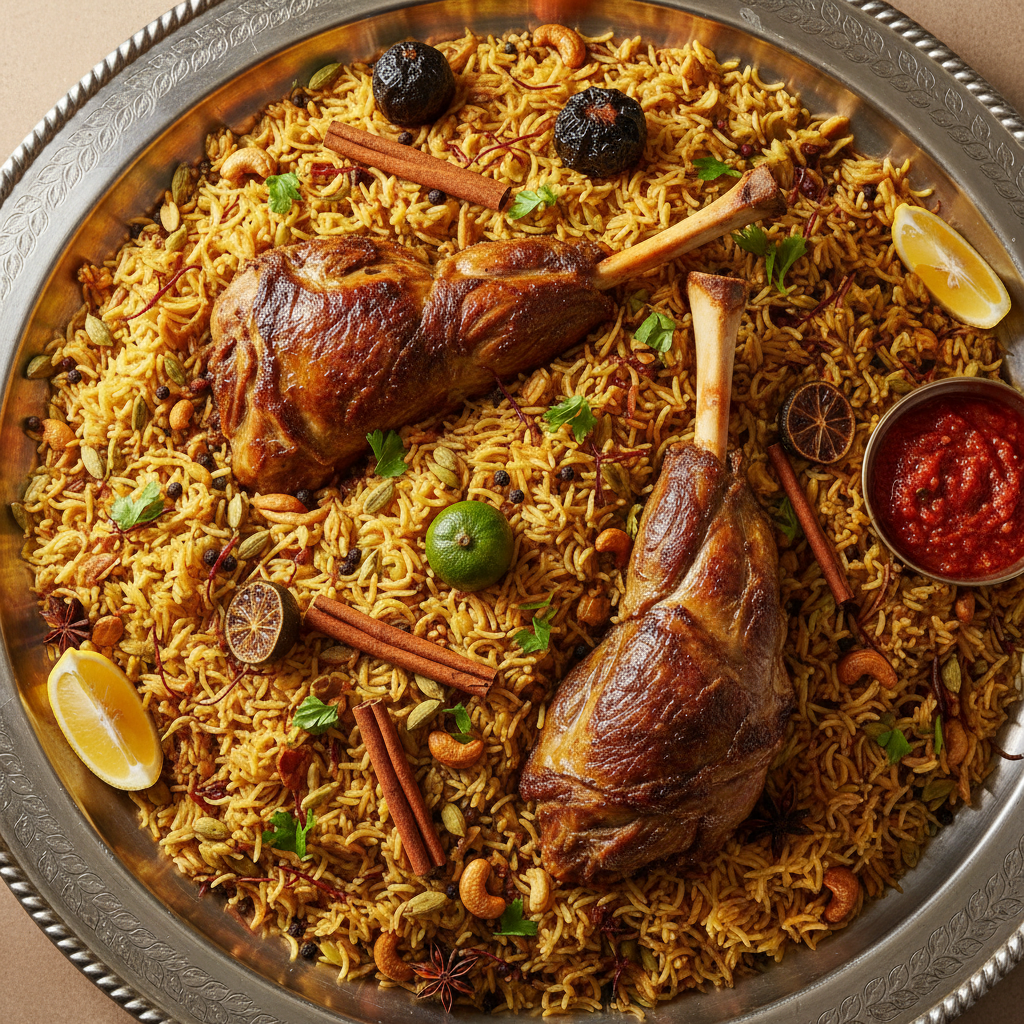 Lamb kabsa platter with saffron rice and whole spices