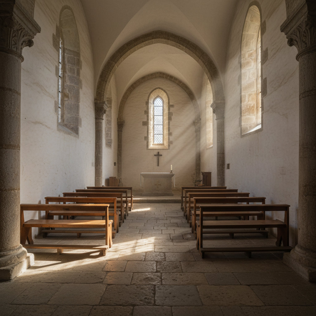 Interior of the stone chapel with morning light casting long shadows across the original limestone floor and whitewashed walls