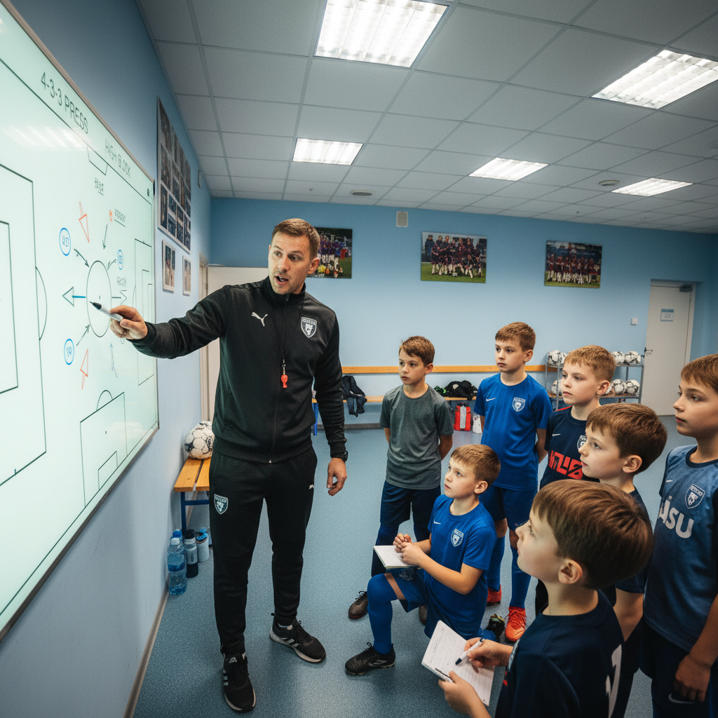 Coach demonstrating tactical pressing formation on a whiteboard to attentive youth players