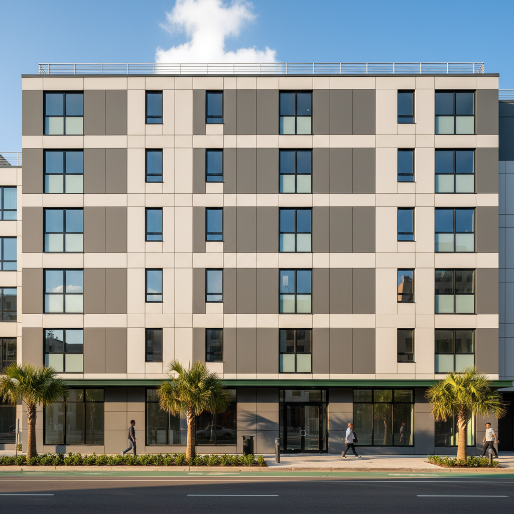 Renovated mid-rise apartment building with clean modern facade and new windows