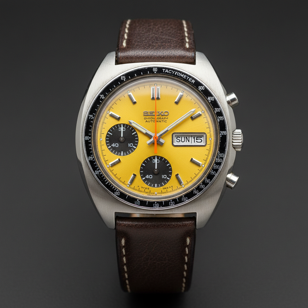 Seiko 6139 Pogue-variant chronograph from 1972 with yellow dial on dark background