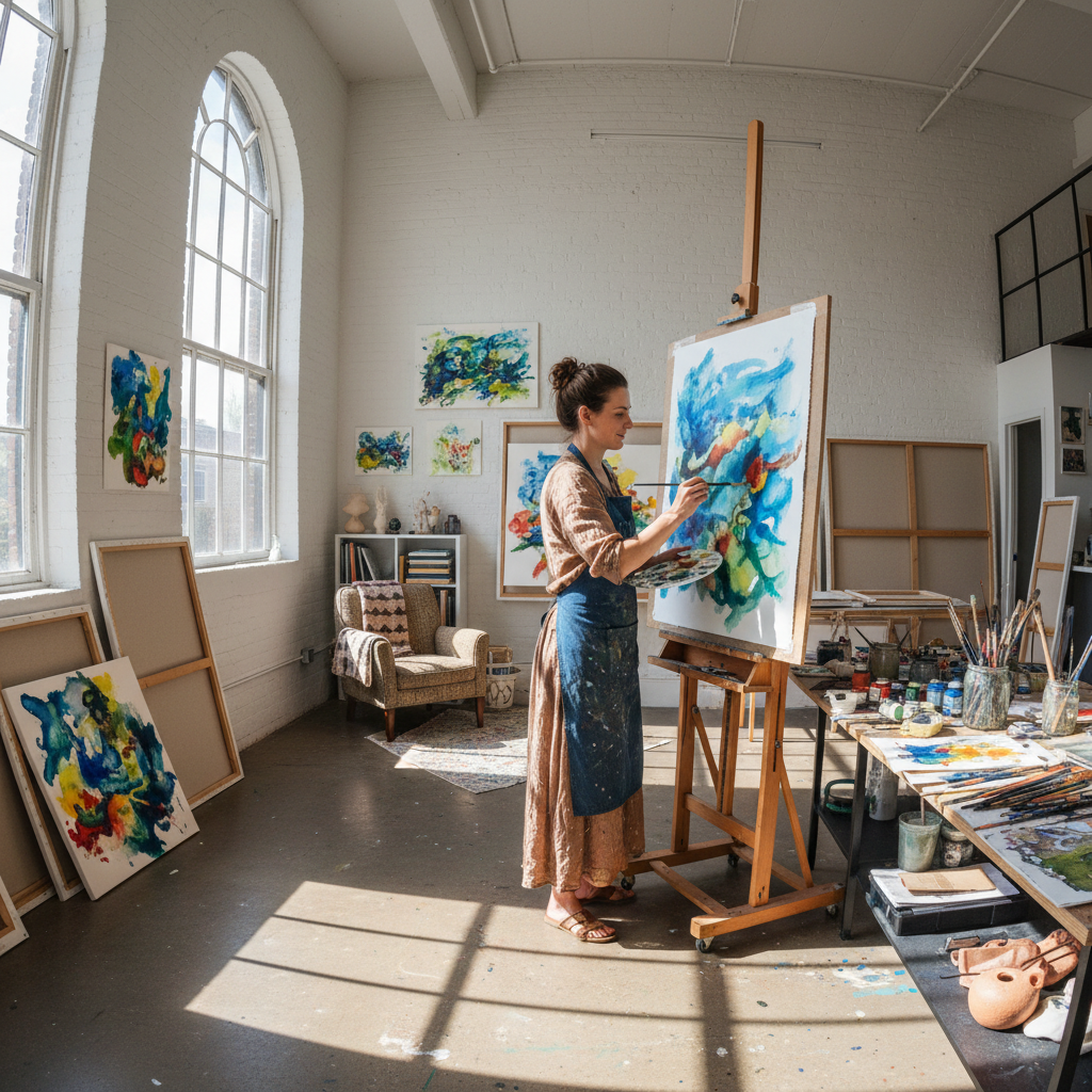 Young student painting with watercolors in a bright art studio