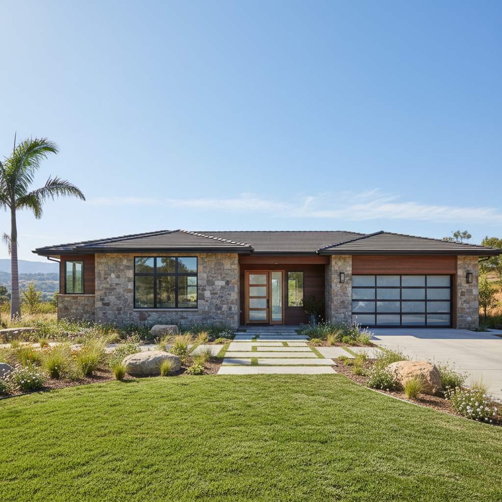 Modern ranch style home clean lines neutral colors suburban setting