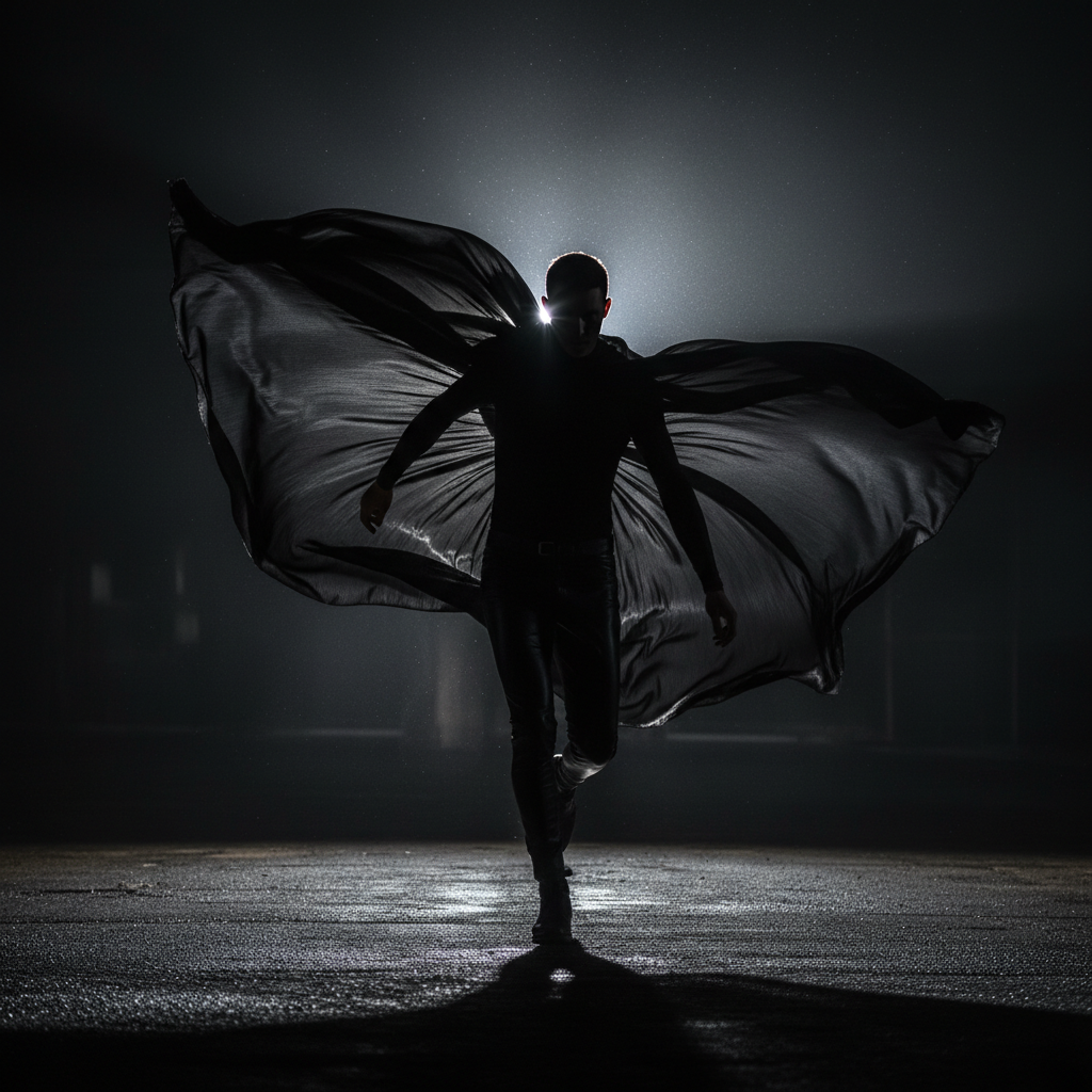 Fashion editorial model walking, structured pants, editorial lighting, dark backdrop