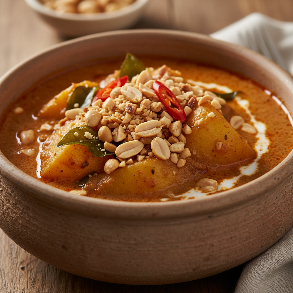 Massaman curry in a clay bowl with potato and roasted peanuts