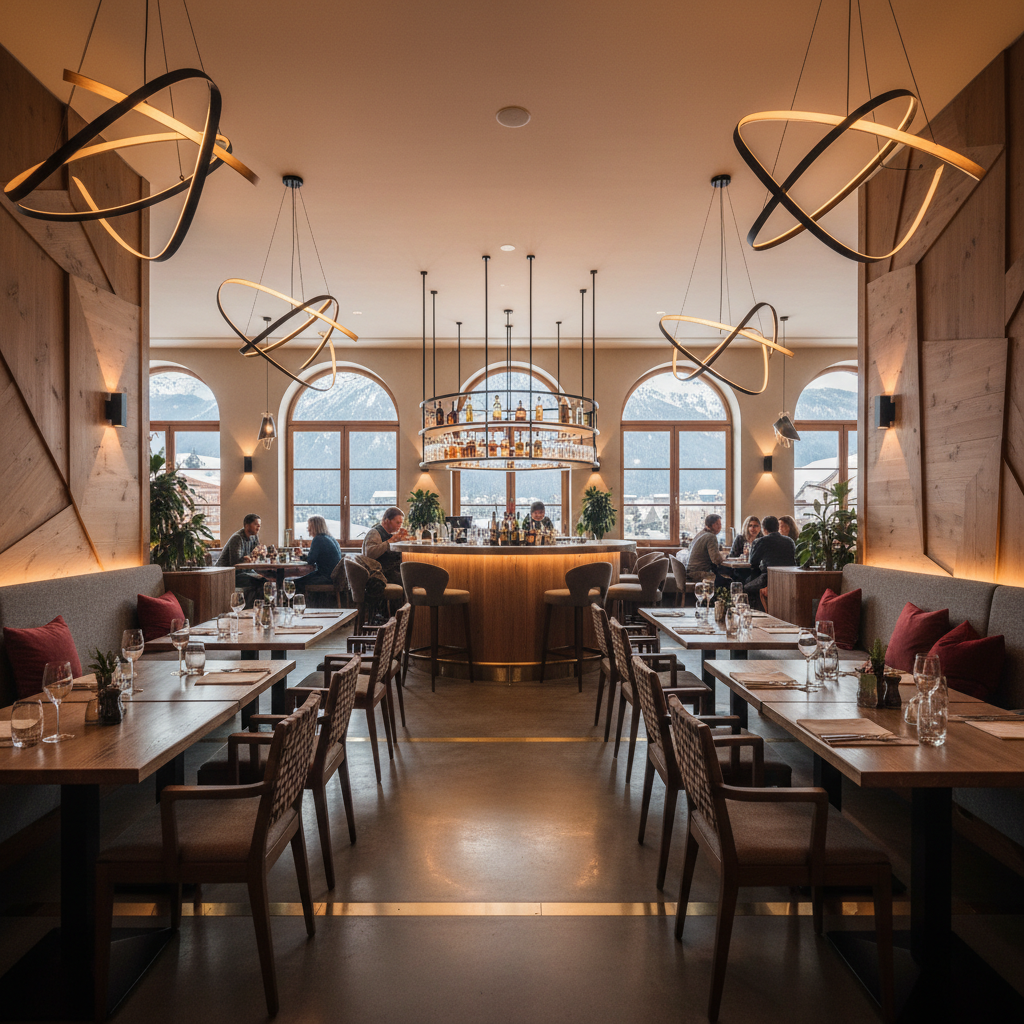 Elegant restaurant interior with warm lighting, set tables with white linens, and traditional Nepalese decorative elements creating inviting atmosphere