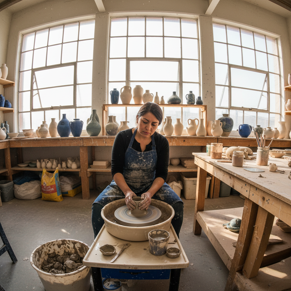Nadia Okonkwo, Nigerian ceramicist in her studio