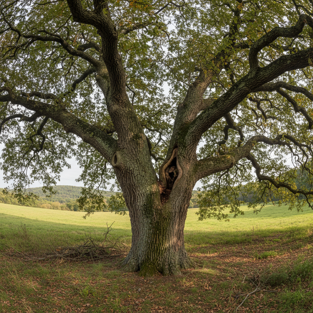 Large 120-year-old white oak tree with codominant stems showing structural weakness in a Manhattan co-op courtyard
