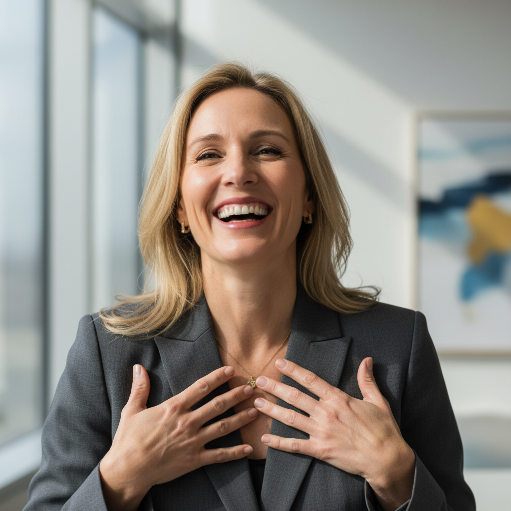 Woman executive, warm laugh, eyes slightly crinkled, authentic moment