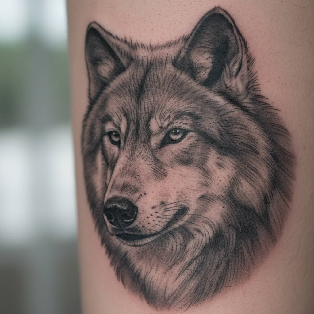 Same black and grey realism tattoo after five years of healing showing settled ink, softened shading, and natural skin integration
