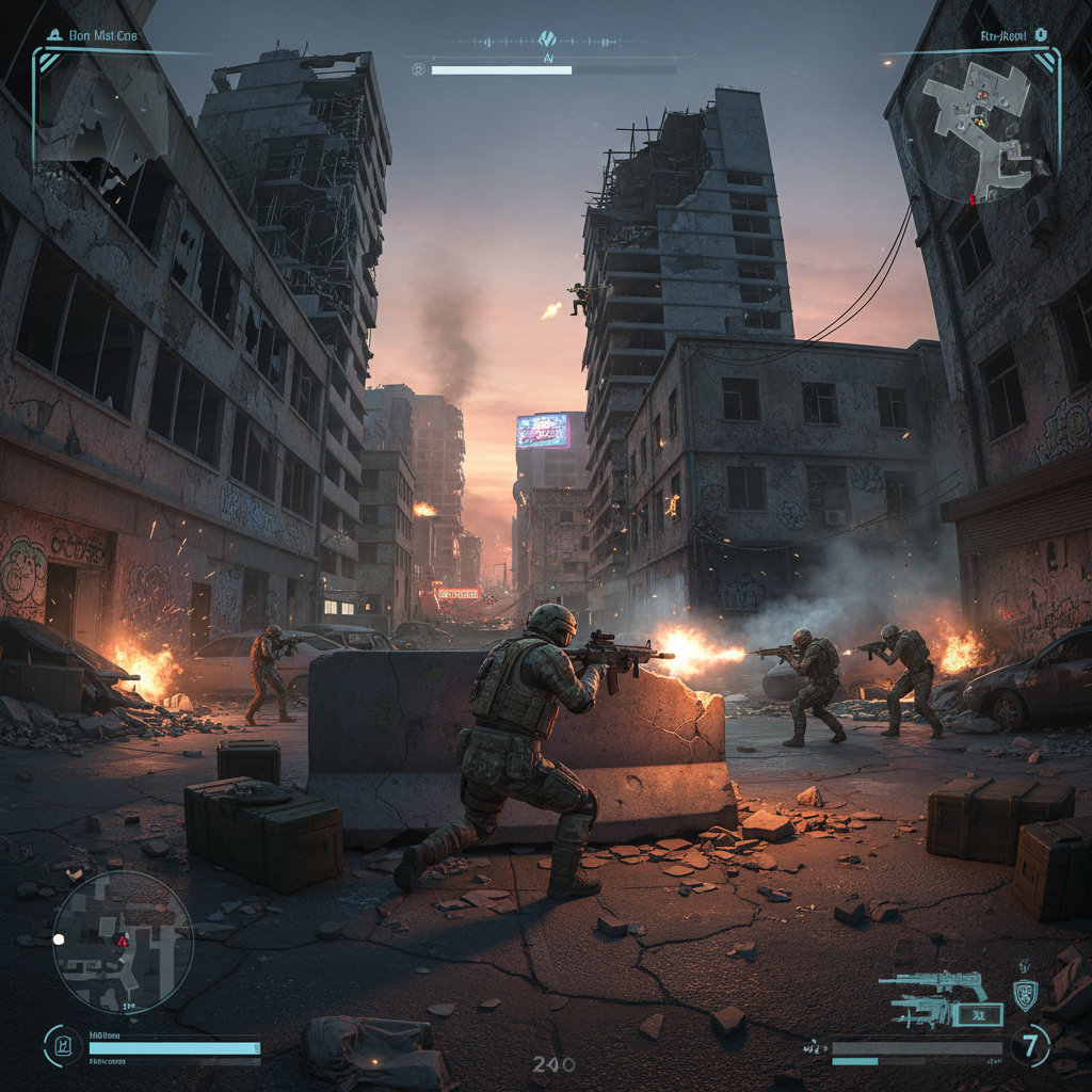 Dark battle royale game scene with soldiers and explosions in a destroyed urban environment, atmospheric foggy night