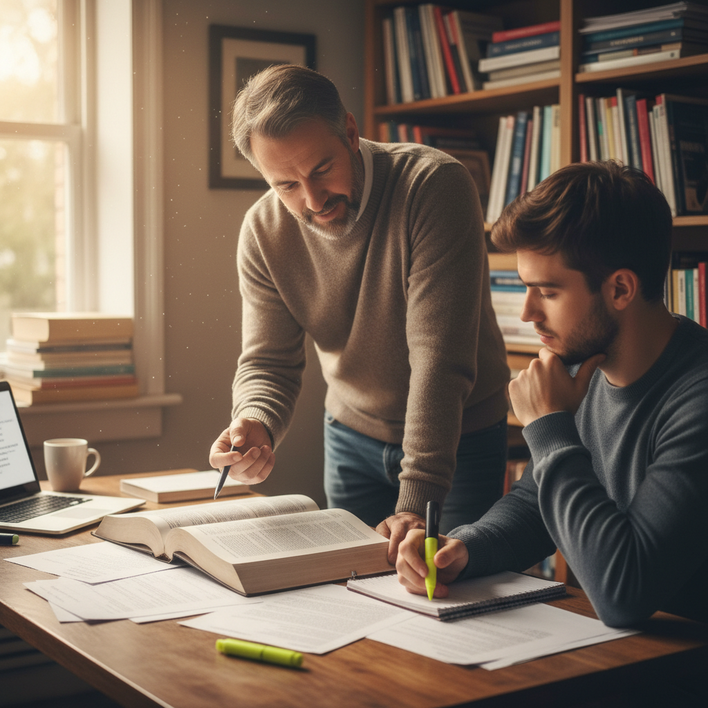 Two men in Bible study, warm lamp light, open Bibles on table, intimate and focused atmosphere