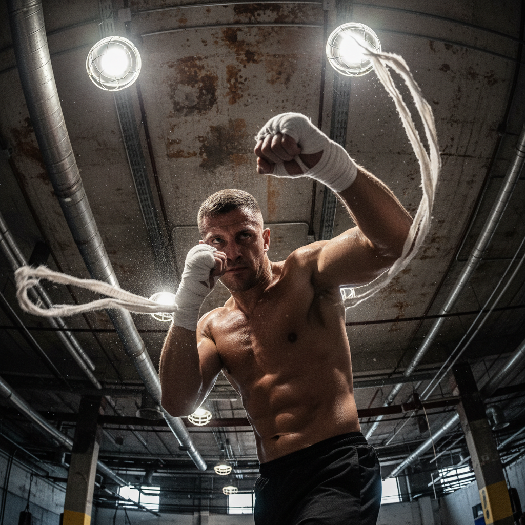 Boxer mid-hook from floor level, wraps unraveling, industrial gym ceiling with ductwork visible above