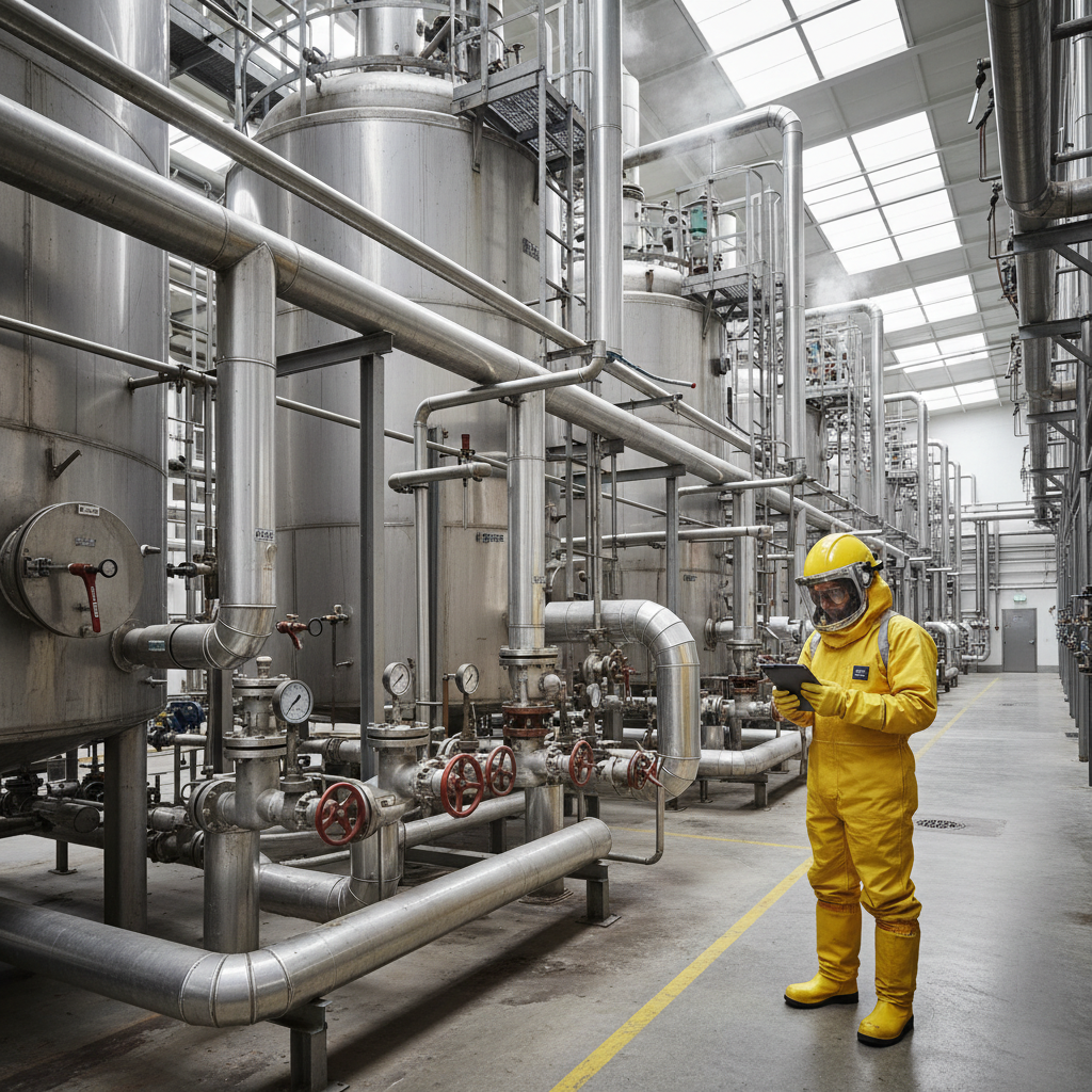 Chemical processing plant with industrial pipes, tanks, and technician in full protective equipment
